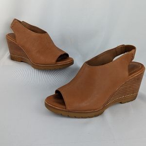 SOREL Brown Leather & Wood Peep Toe Wedges, Size 7
